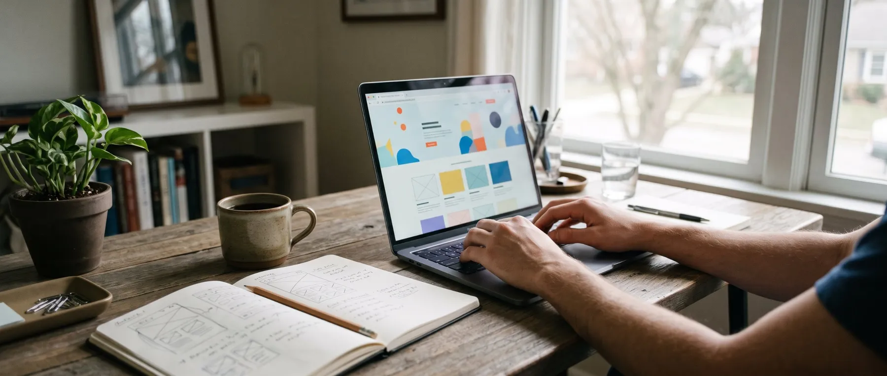 Hands typing on a laptop showing a colorful website design, with sketches in a notebook